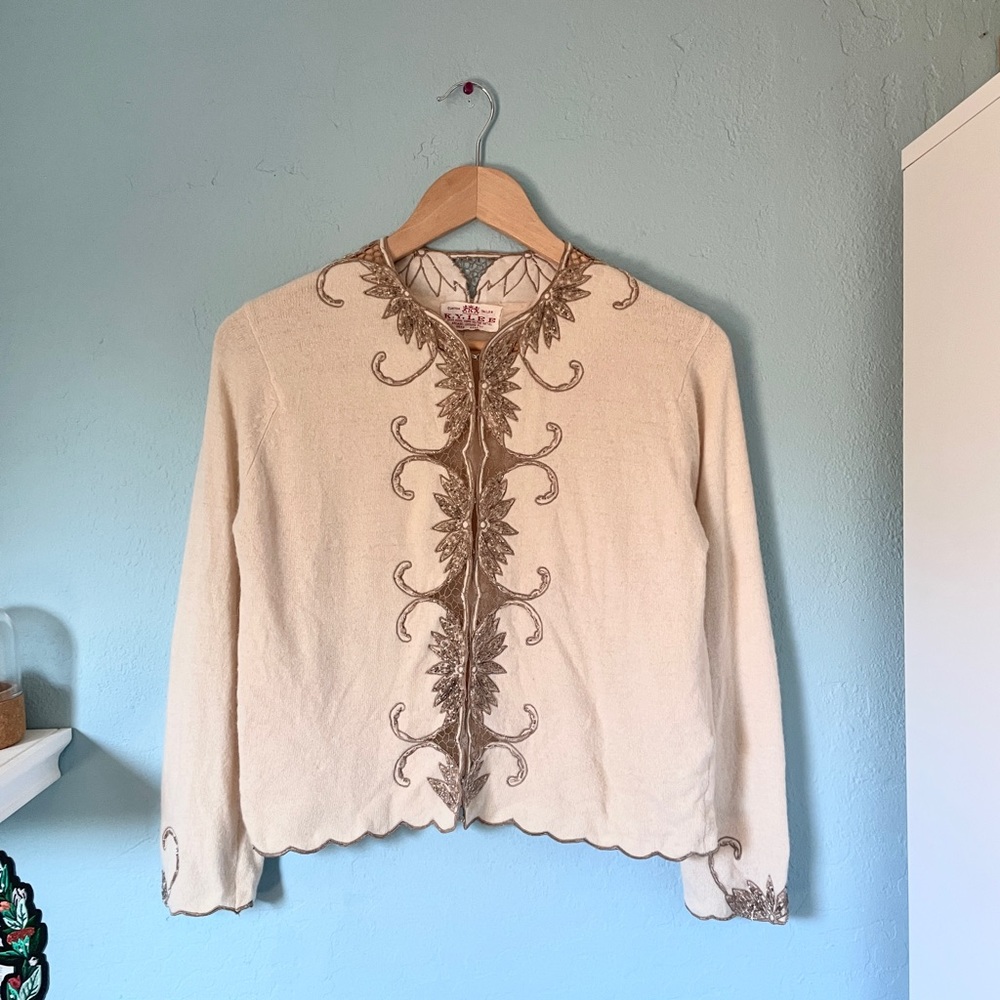 vintage beaded embroidered cardigan. floral antique brown cream hong kong wool